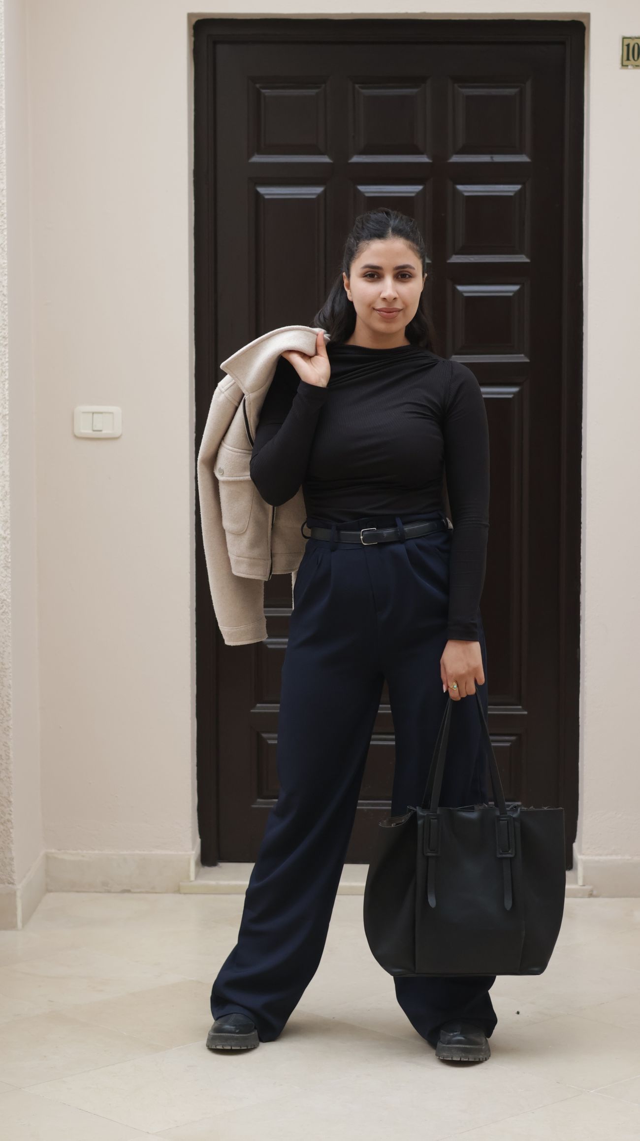An everyday look in a warm neutral palette